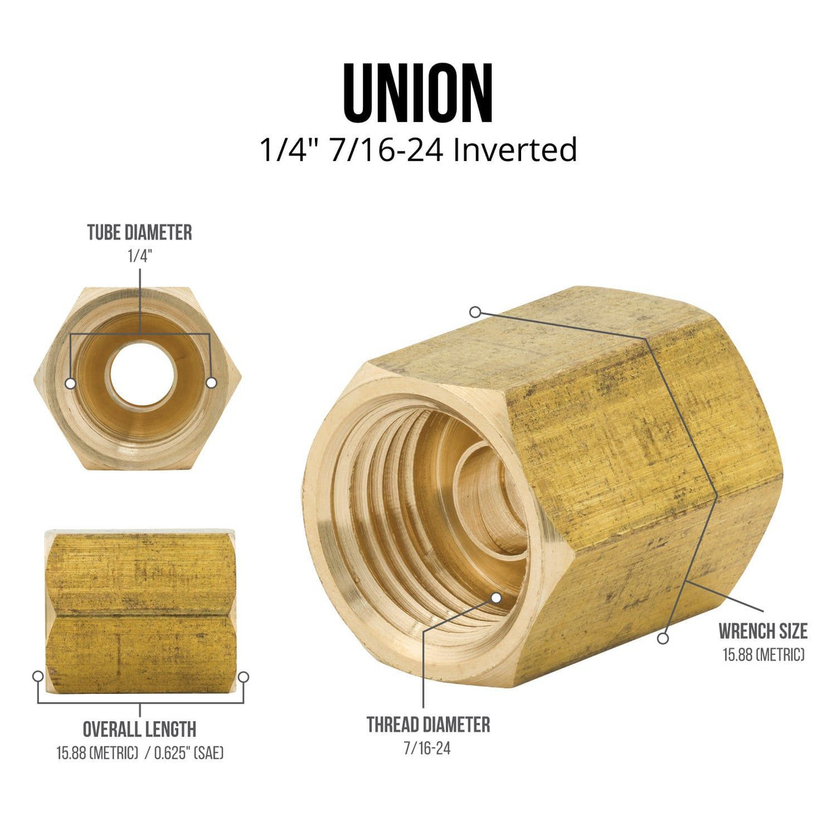 1/4 (7/16-24 Inverted) Brass Brake Line Union – 4LifetimeLines