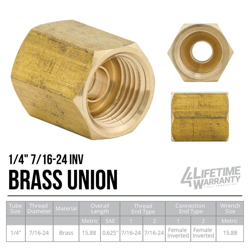 1/4" (7/16-24 Inverted) | Brass Brake Line Union | 10ct - 4LifetimeLines