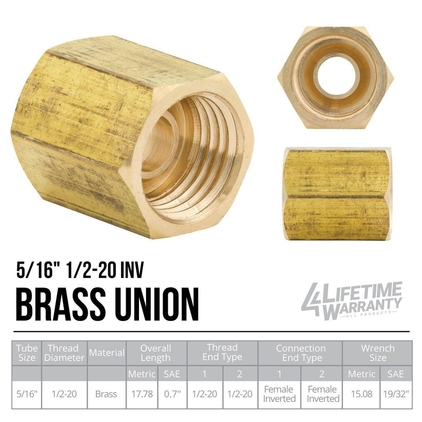 5/16" (1/2-20 Inverted) | Brass Brake Line Union | 10ct - 4LifetimeLines