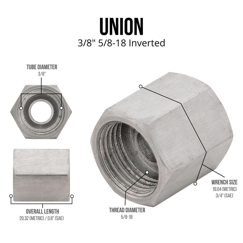 3/8" (5/8-18 Inverted) | Brake Line Union | Stainless Steel | 10ct - 4LifetimeLines