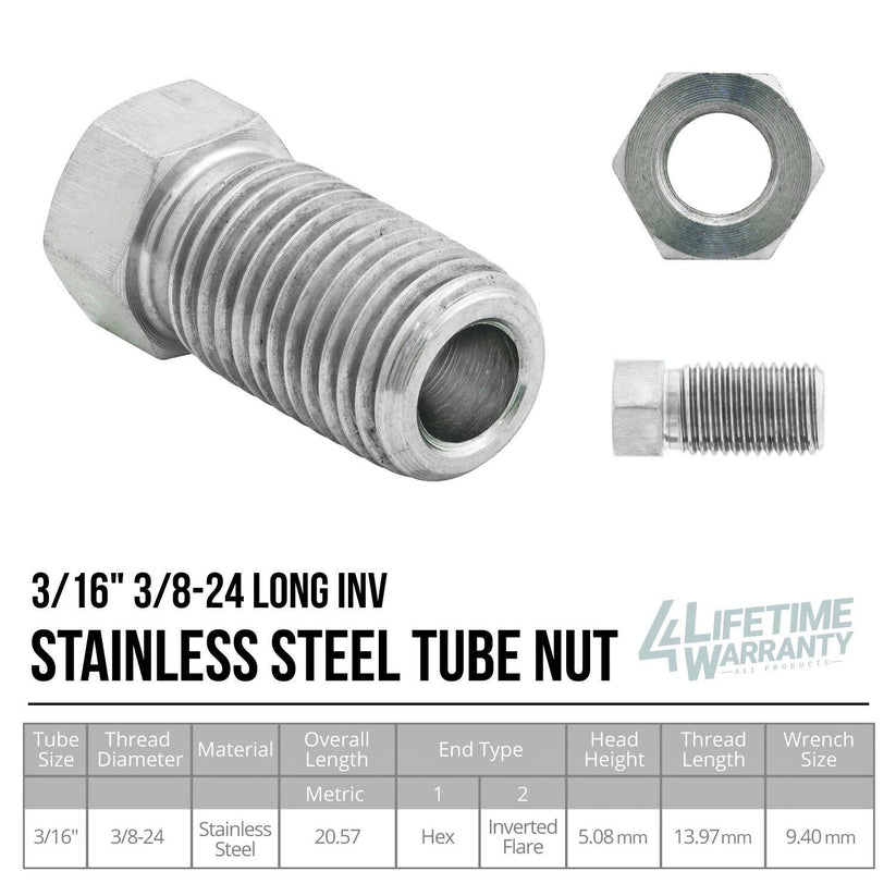 3/16" (3/8-24 Inverted) | Stainless Steel Brake Line Tube Nut | Long | 10ct - 4LifetimeLines