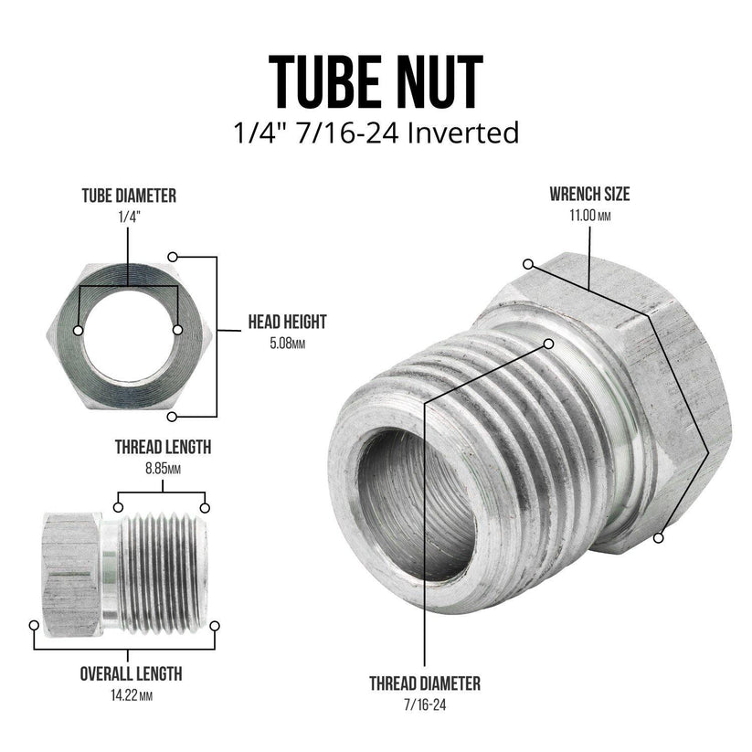 1/4" (7/16-24 Inverted) | Stainless Steel Brake Line Tube Nut | 10ct - 4LifetimeLines