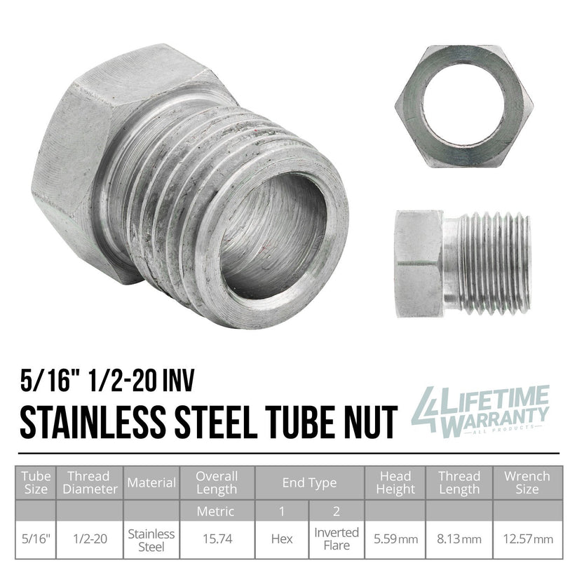 5/16" (1/2-20 Inverted) Stainless Steel Tube Nut | 10ct