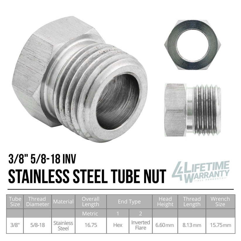 3/8" (5/8-18 Inverted) | Stainless Steel Brake Line Tube Nut | 10ct - 4LifetimeLines