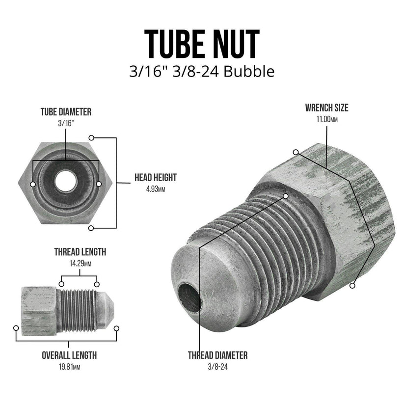 3/16" (3/8-24 Bubble) | Stainless Steel Brake Line Tube Nut | 10ct - 4LifetimeLines