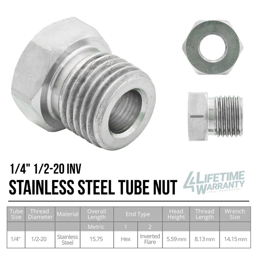 1/4" (1/2-20 Inverted) | Stainless Steel Brake Line Tube Nut | 10ct - 4LifetimeLines