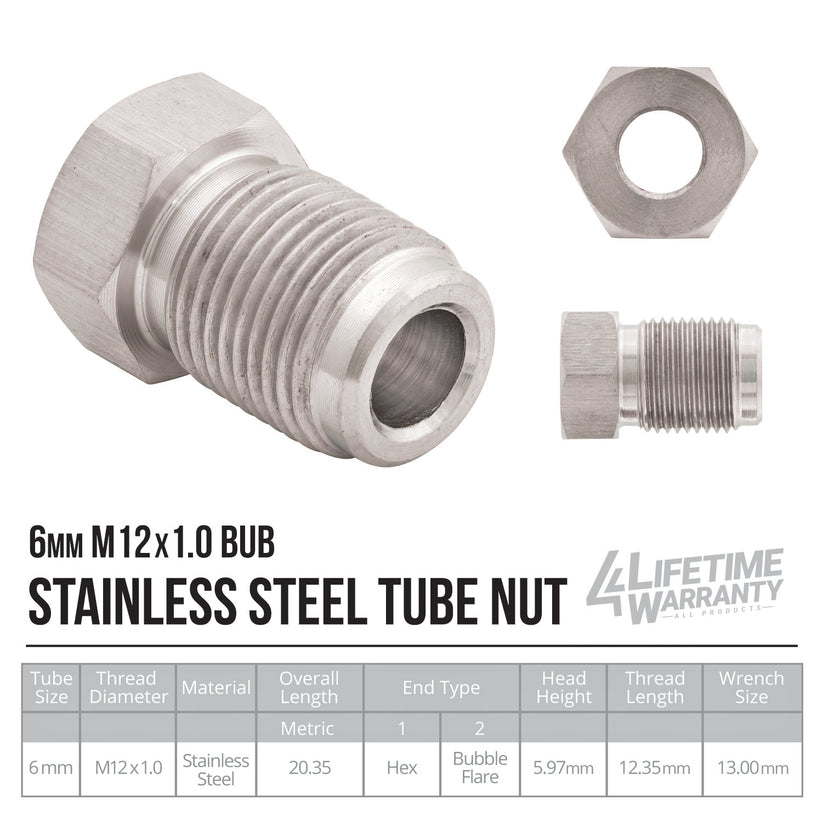 6mm (M12x1.0 Bubble) | Stainless Steel Brake Line Tube Nut | 10ct
