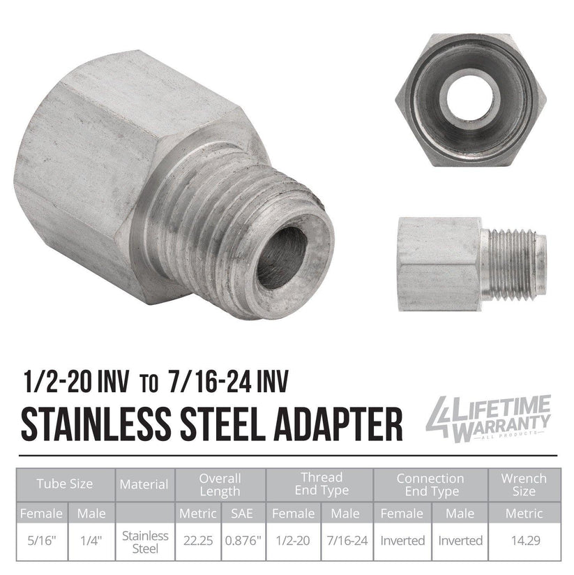 (1/2-20 Inverted)F to (7/16-24 Inverted)M | Stainless Steel Brake Line Adapter | 10ct - 4LifetimeLines