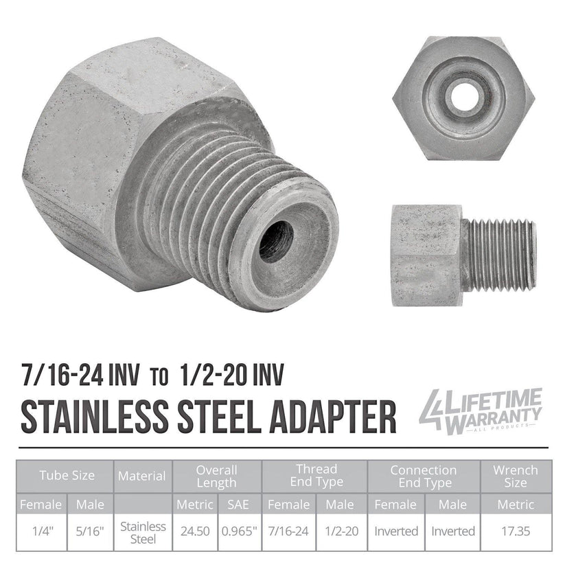 (7/16-24 Inverted)F to (1/2-20 Inverted)M | Stainless Steel Brake Line Adapter | 10ct - 4LifetimeLines