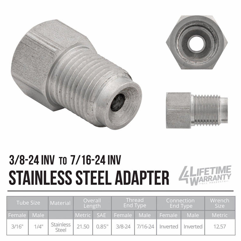 (3/8-24 Inverted)F to (7/16-24 Inverted)M | Stainless Steel Brake Line Adapter | 10ct - 4LifetimeLines
