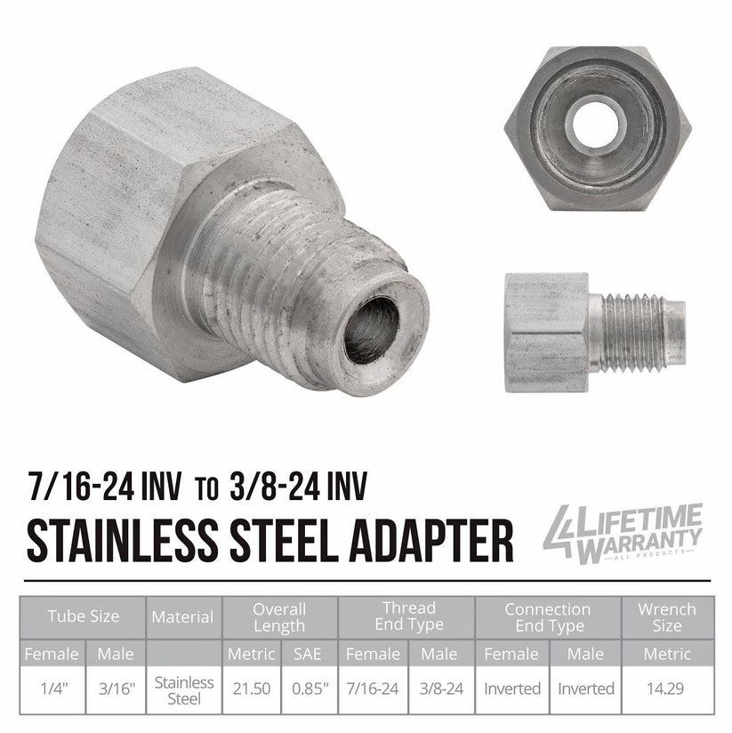 (7/16-24 Inverted)F to (3/8-24 Inverted)M | Stainless Steel Brake Line Adapter | 10ct - 4LifetimeLines