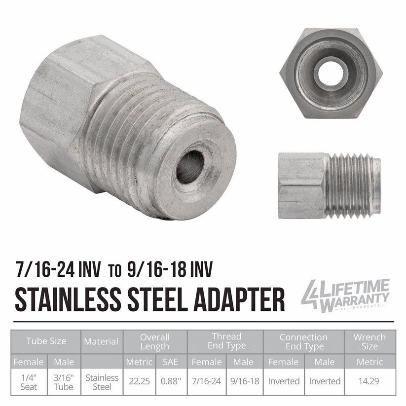(7/16-24 Inverted)F to (9/16-18 Inverted)M | Stainless Steel Brake Line Adapter | 10ct - 4LifetimeLines