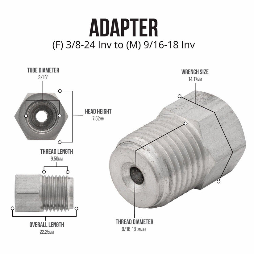 (3/8-24 Inverted)F to (9/16-18 Inverted)M | Stainless Steel Brake Line Adapter | 10ct - 4LifetimeLines