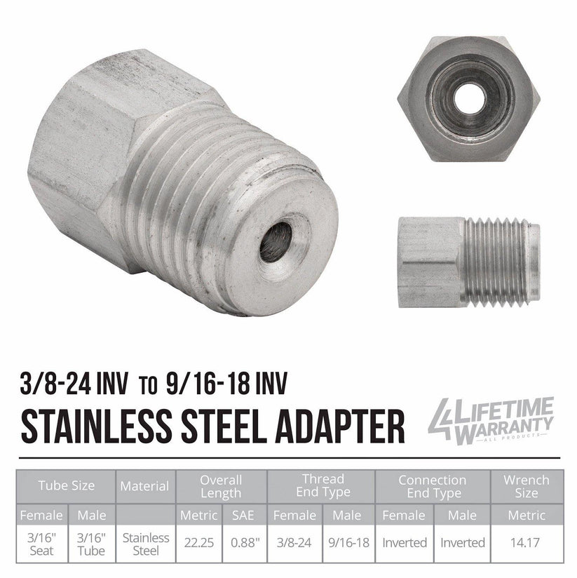 (3/8-24 Inverted)F to (9/16-18 Inverted)M | Stainless Steel Brake Line Adapter | 10ct - 4LifetimeLines