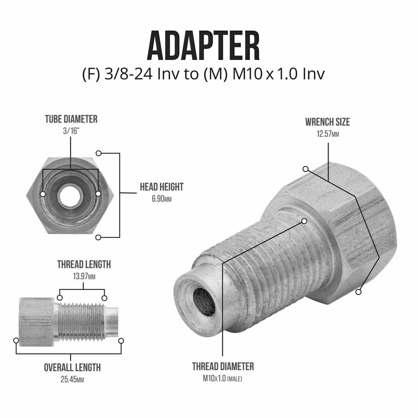 (3/8-24 Inverted)F to (M10x1.0 Inverted)M | Stainless Steel Brake Line Adapter | 10ct - 4LifetimeLines