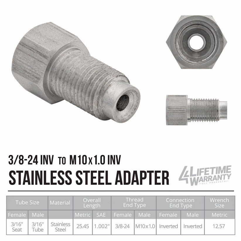 (3/8-24 Inverted)F to (M10x1.0 Inverted)M | Stainless Steel Brake Line Adapter | 10ct - 4LifetimeLines