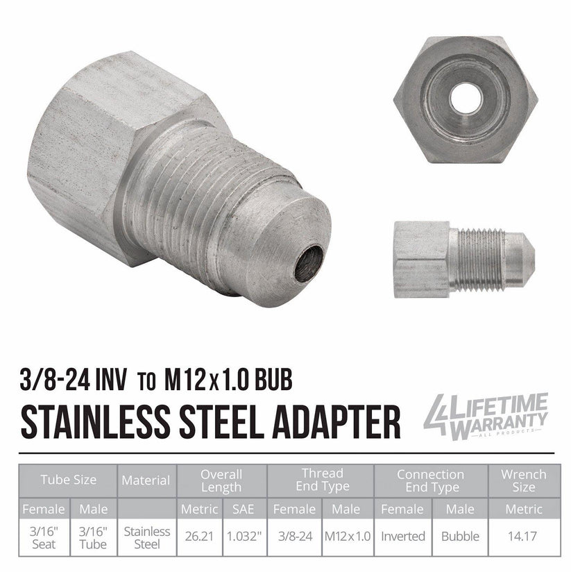 (3/8-24 Inverted)F to (M12x1.0 Bubble)M | Stainless Steel Brake Line Adapter | 10ct - 4LifetimeLines