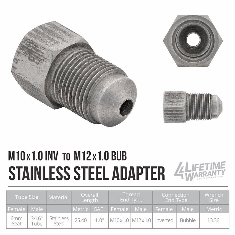 (M10x1.0 Inverted)F to (M12x1.0 Bubble)M | Stainless Steel Brake Line Adapter | | 10ct - 4LifetimeLines