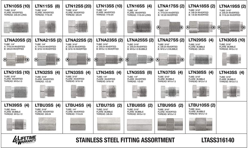 3/16" Stainless Steel Brake Line Fitting Assortment, 24 SKU