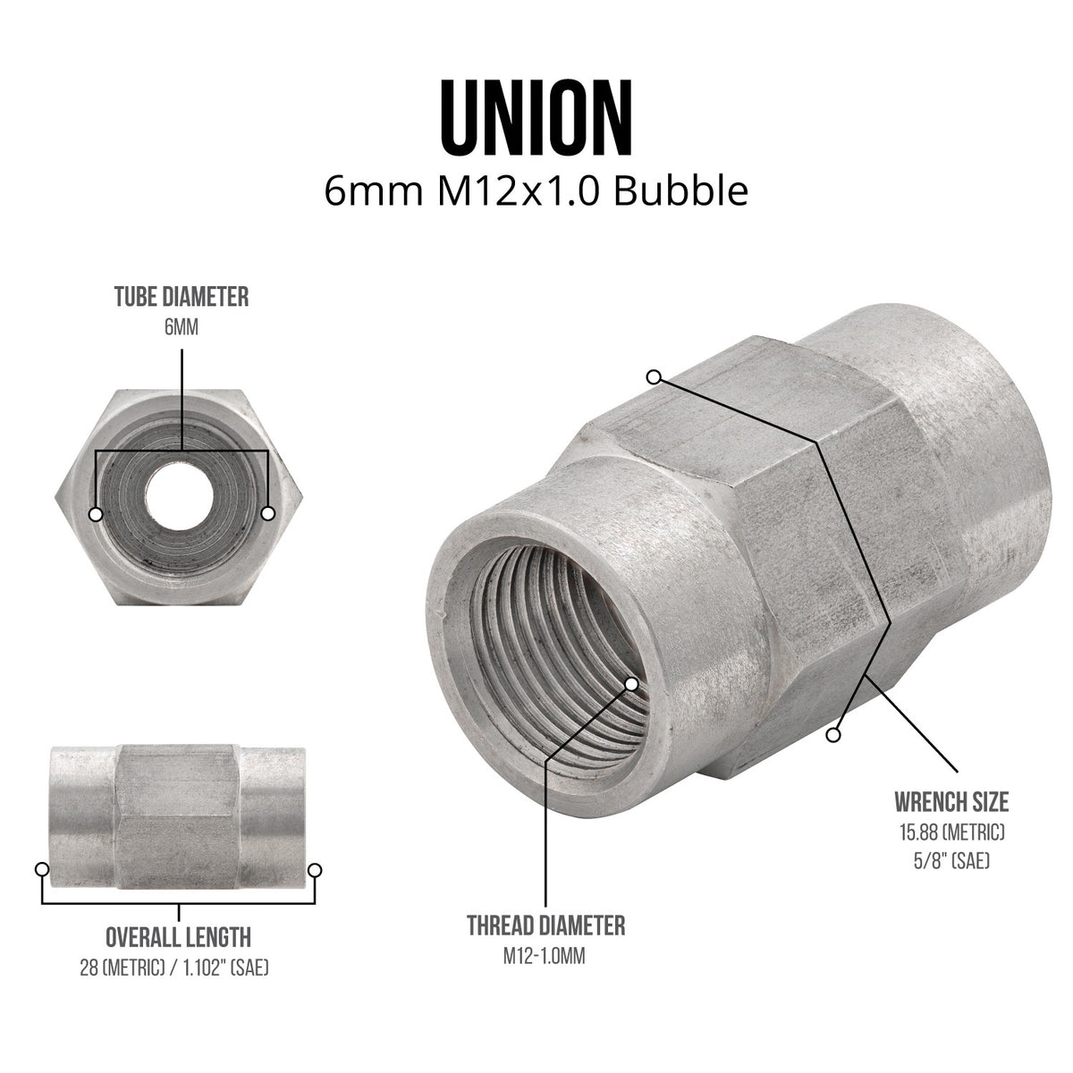 Stainless Steel Brake Line Fitting 6mm Union M12x1.0 - 4LifetimeLines LTBU10SS