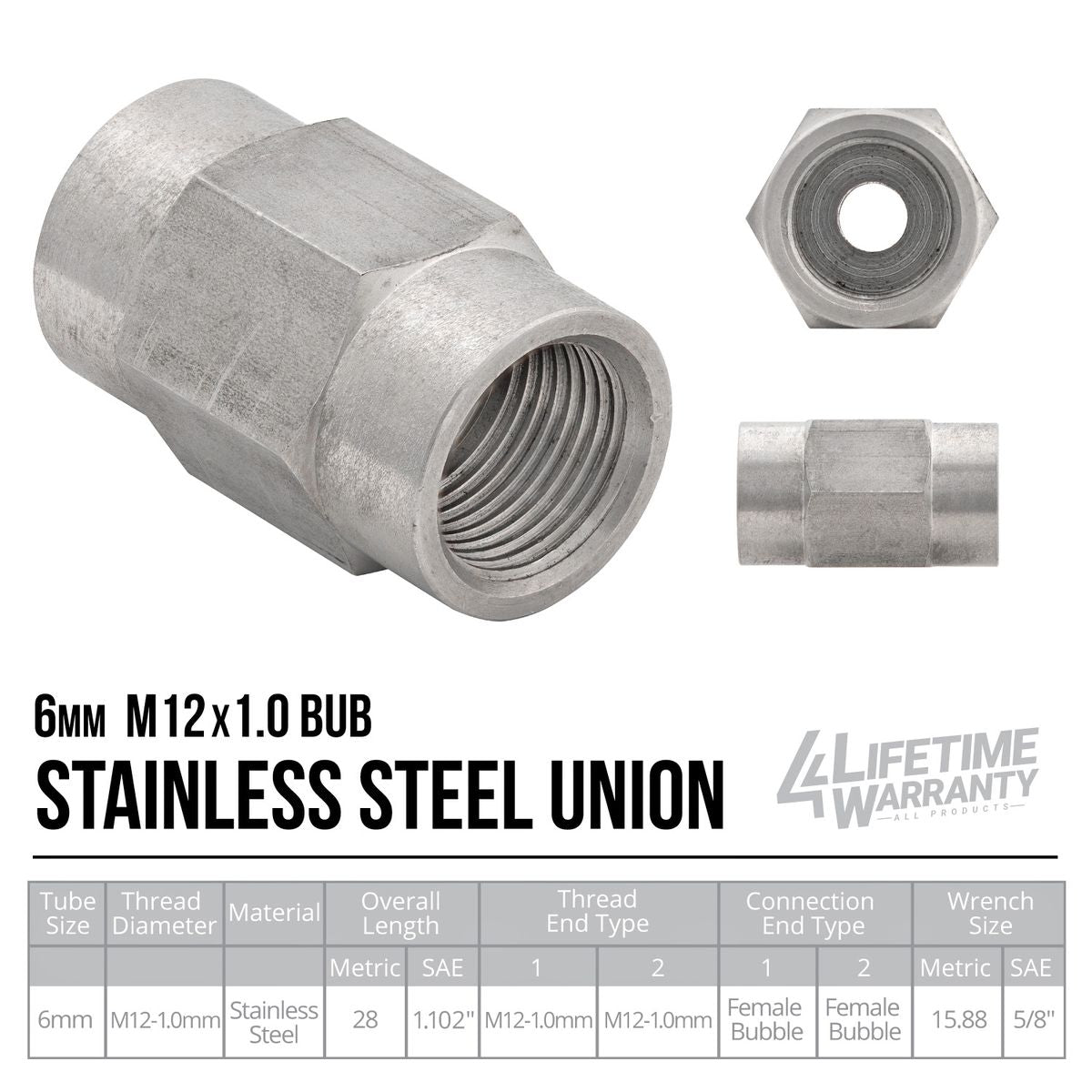 Stainless Steel Brake Line Fitting 6mm Union M12x1.0 - 4LifetimeLines LTBU10SS