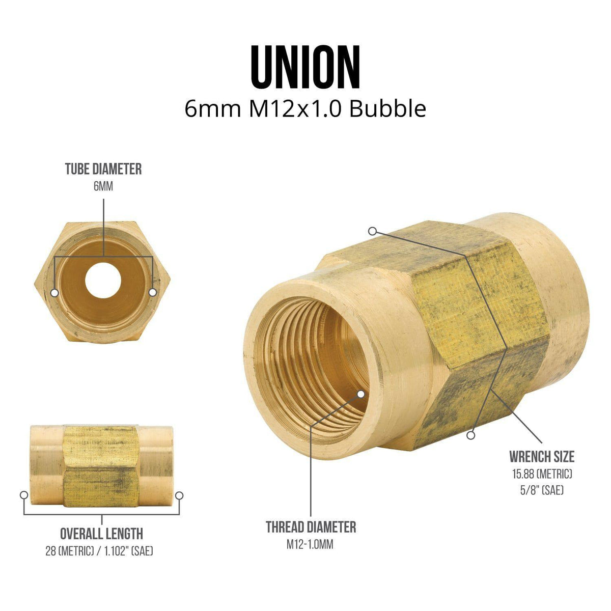 Brass Brake Line Union | Metric 12 x 1.0 Bubble | 6mm | 10ct - 4LifetimeLines