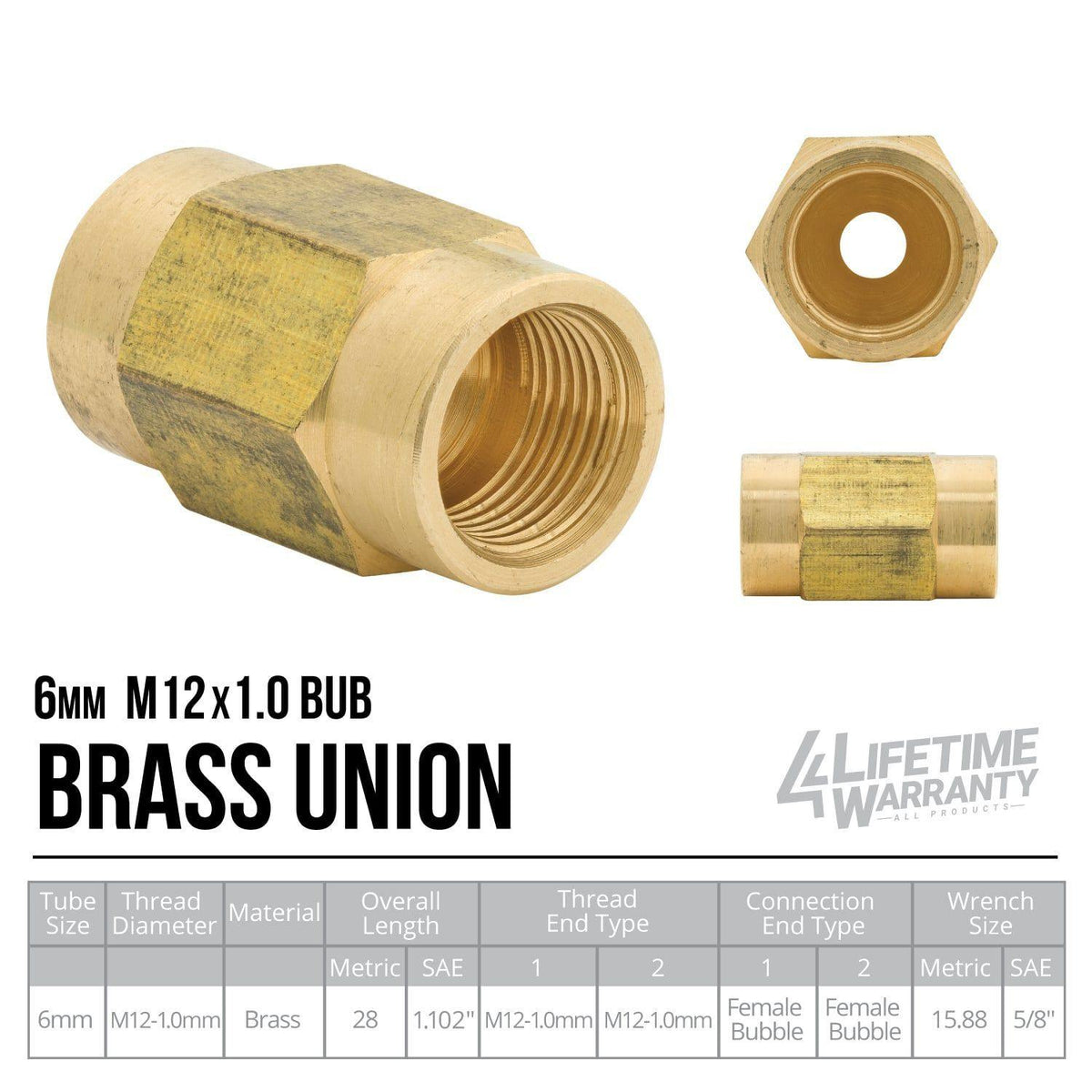 Brass Brake Line Union | Metric 12 x 1.0 Bubble | 6mm | 10ct - 4LifetimeLines