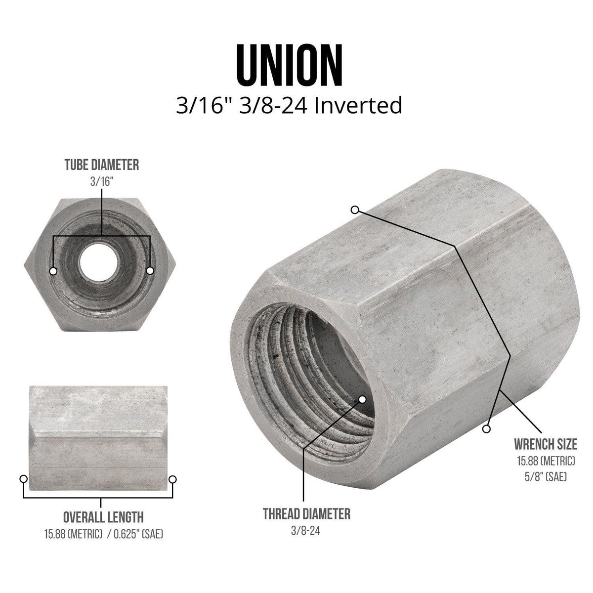 3/16" 3/8-24 Inverted) | Brake Line Union | Stainless Steel | 10ct - 4LifetimeLines