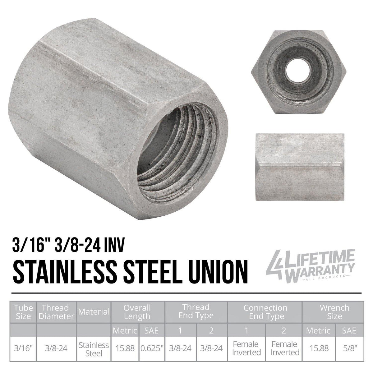 3/16" 3/8-24 Inverted) | Brake Line Union | Stainless Steel | 10ct - 4LifetimeLines