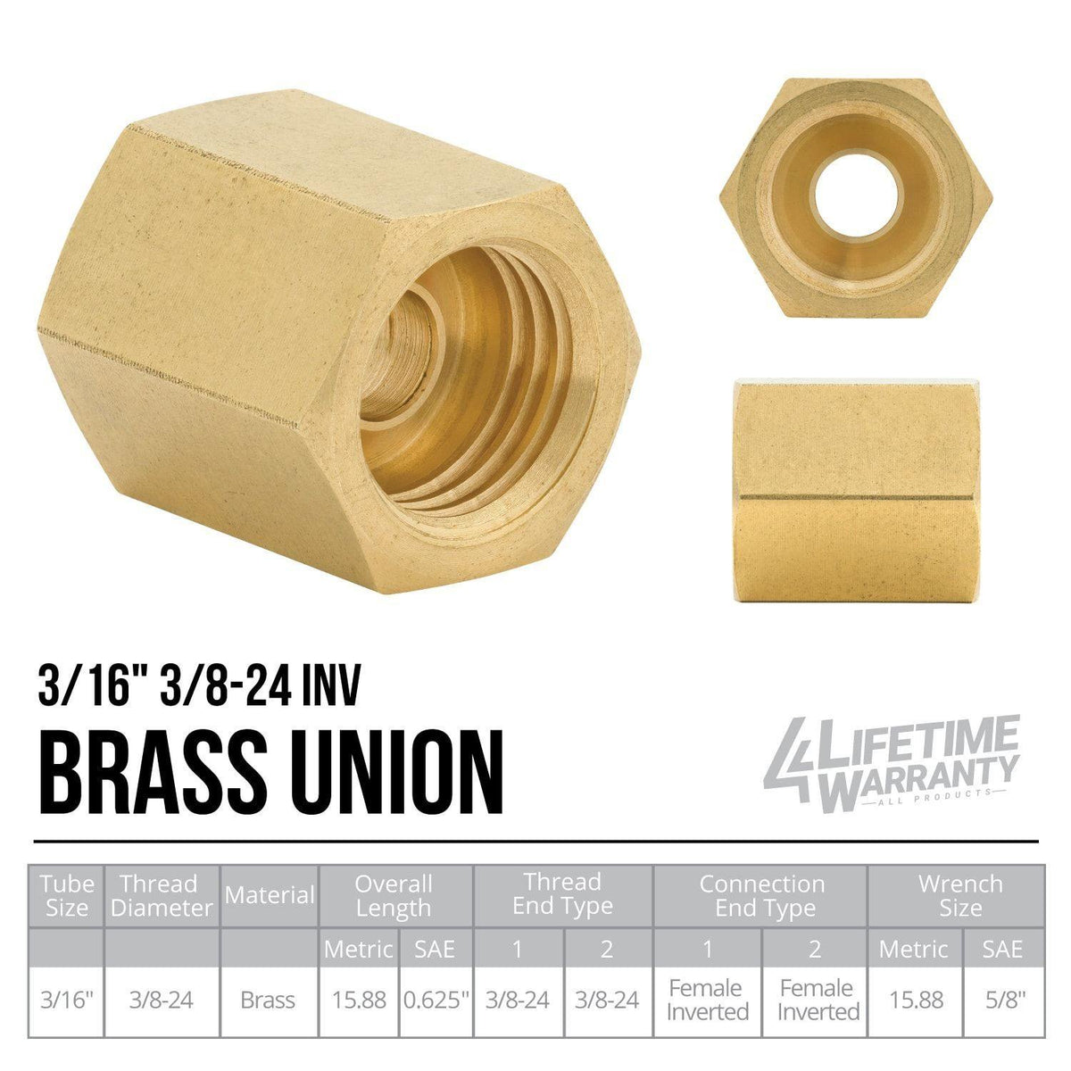 3/16" 3/8-24 Inverted | Brass Brake Line Union | 10ct - 4LifetimeLines