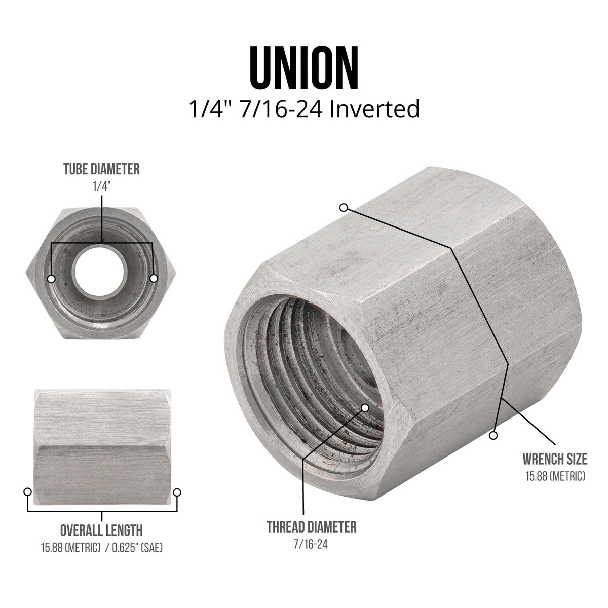 Stainless Steel Brake Line Fitting 1/4" Union 7/16"-24 - 4LifetimeLines LTBU4SS-2