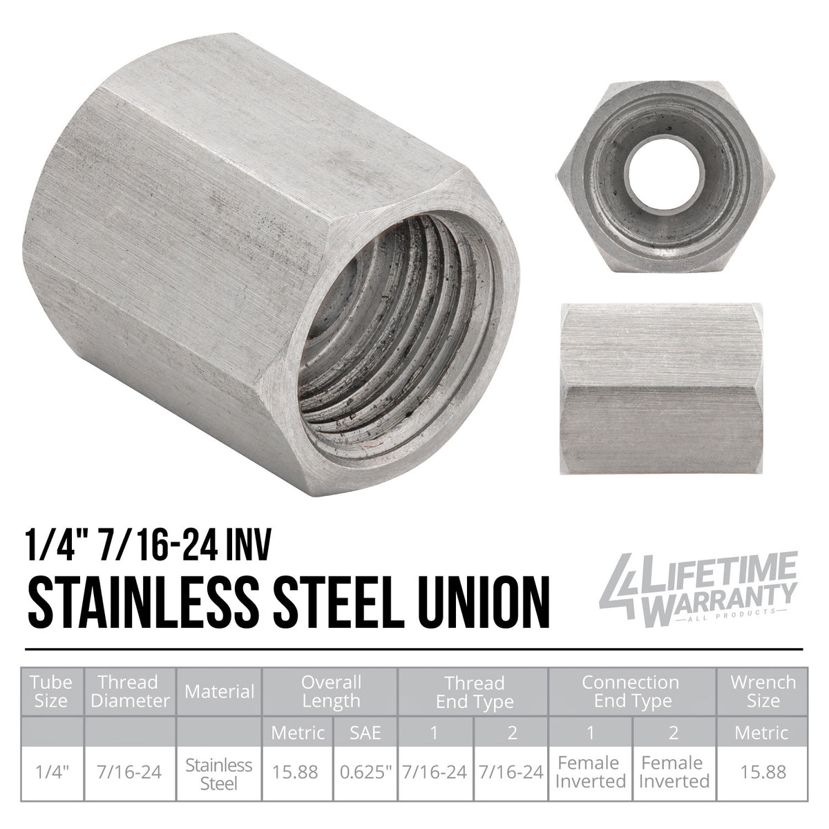 Stainless Steel Brake Line Fitting 1/4" Union 7/16"-24 - 4LifetimeLines LTBU4SS-2
