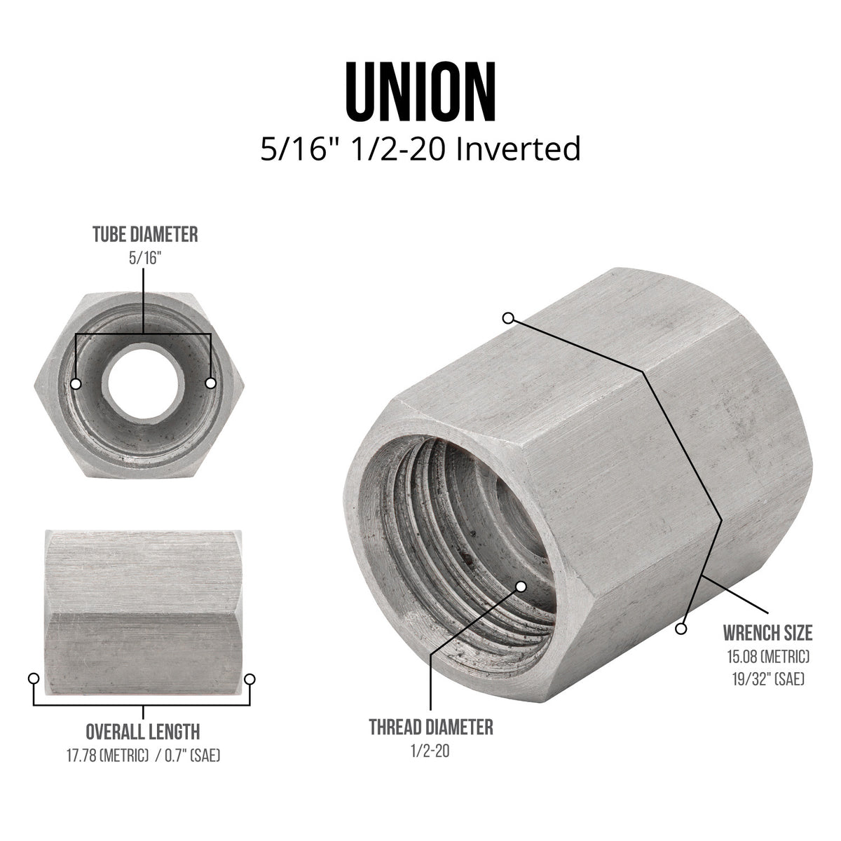 Stainless Steel Brake Line Fitting 5/16" Union 1/2"-20 - 4LifetimeLines LTBU5SS