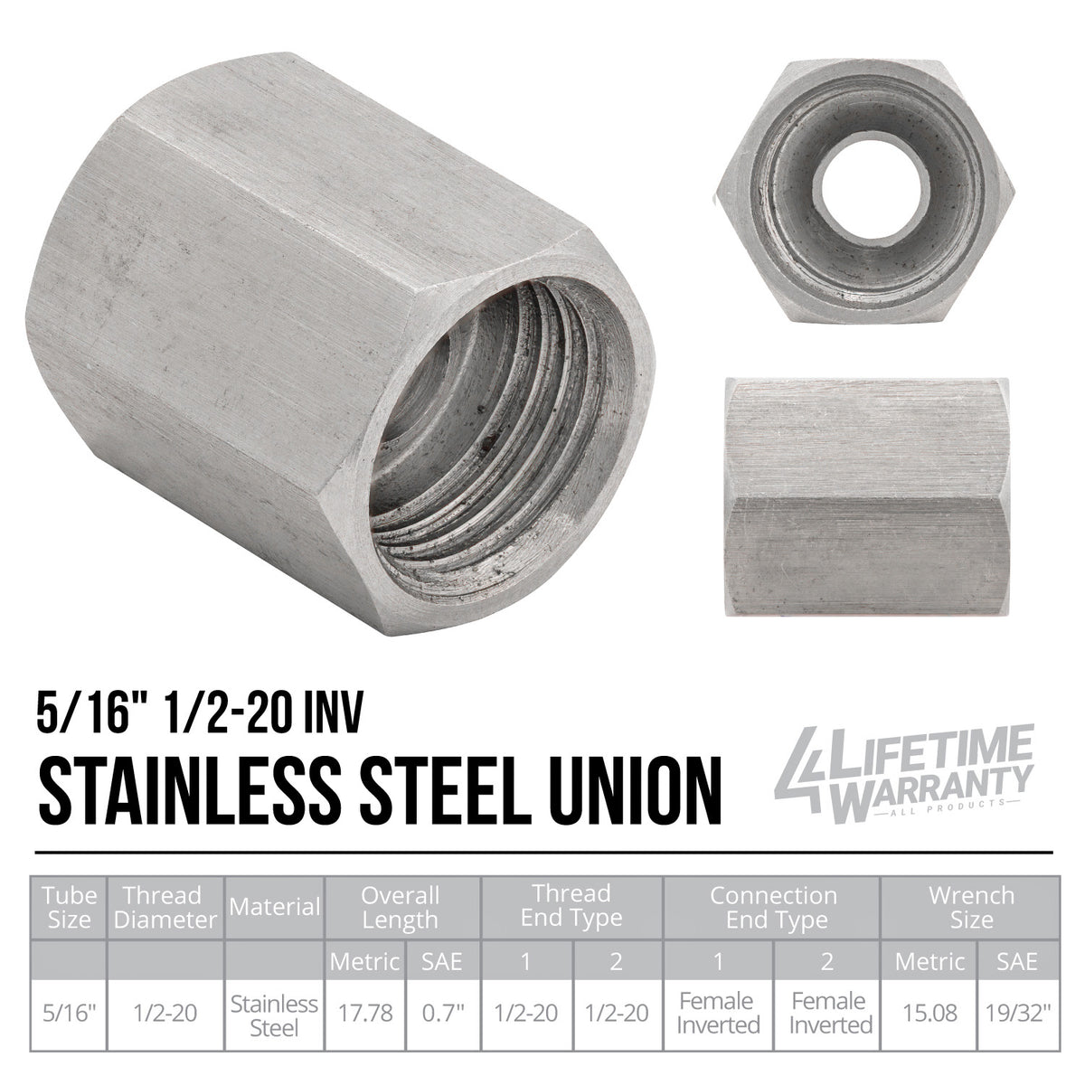 Stainless Steel Brake Line Fitting 5/16" Union 1/2"-20 - 4LifetimeLines LTBU5SS