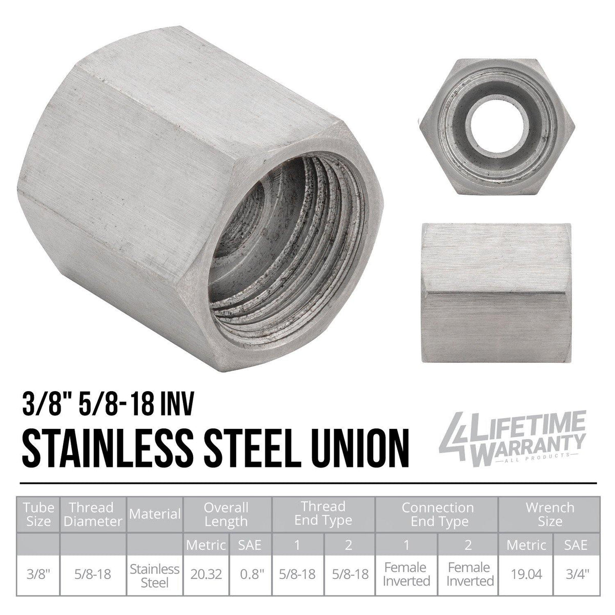 3/8" (5/8-18 Inverted) | Brake Line Union | Stainless Steel  | 10ct - 4LifetimeLines