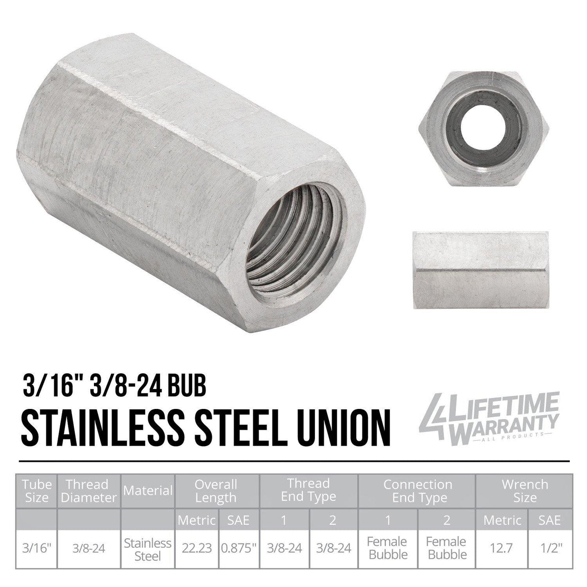 3/16" (3/8-24 Bubble) | Brake Line Union | Stainless Steel | 10ct - 4LifetimeLines