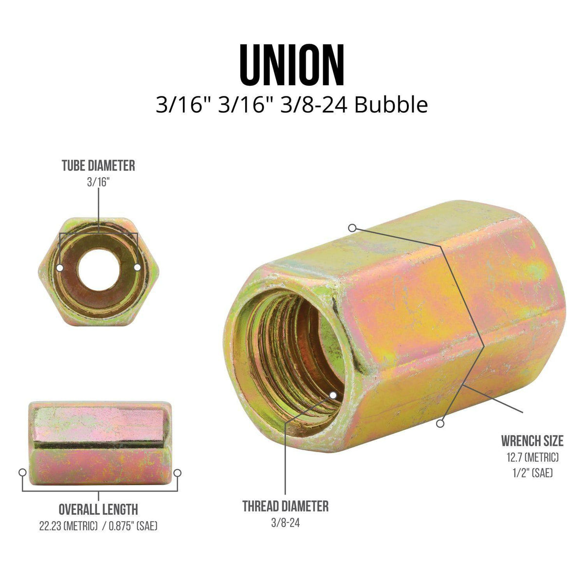 3/16" (3/8-24 Bubble) | Steel Brake Line Union | 10ct - 4LifetimeLines