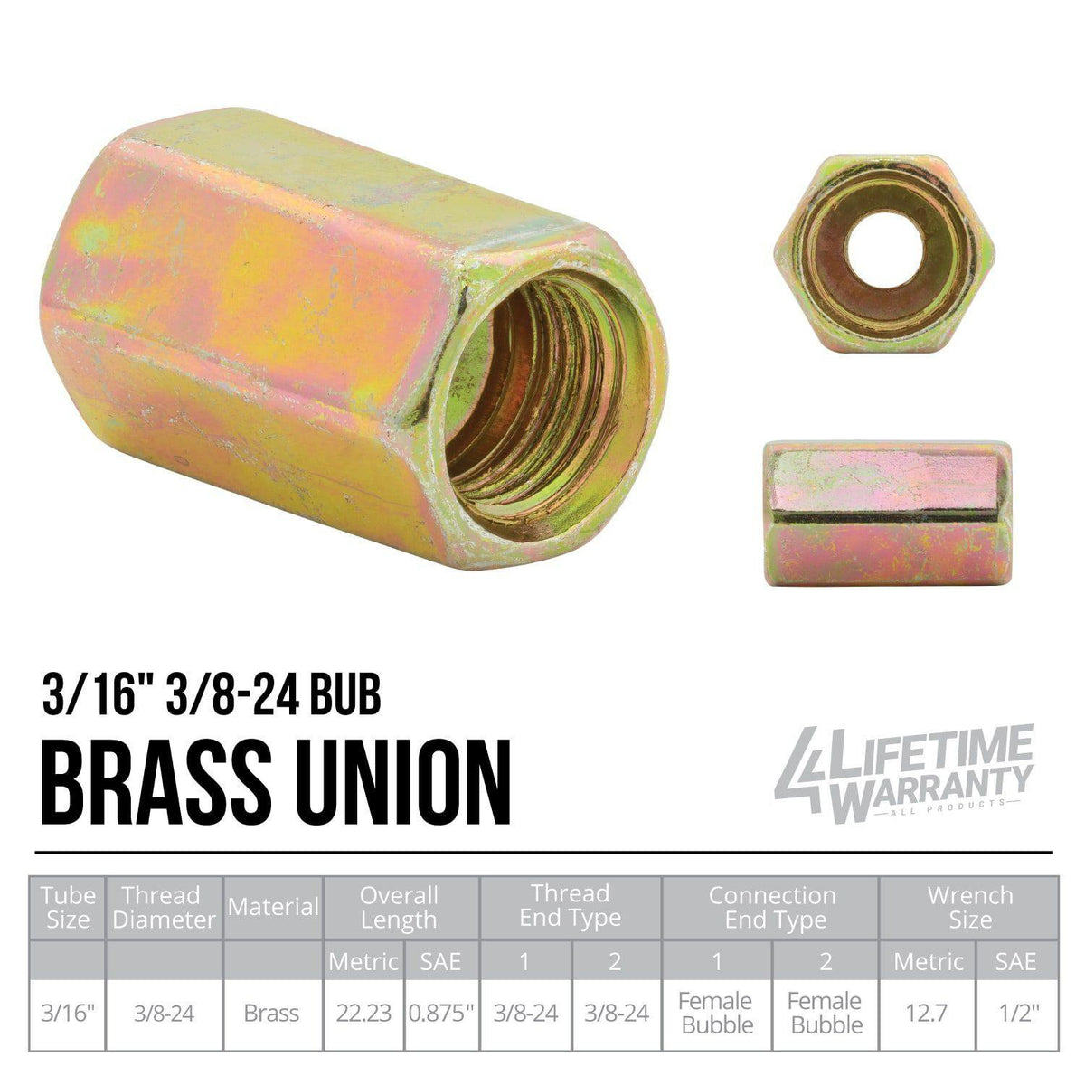 3/16" (3/8-24 Bubble) | Steel Brake Line Union | 10ct - 4LifetimeLines