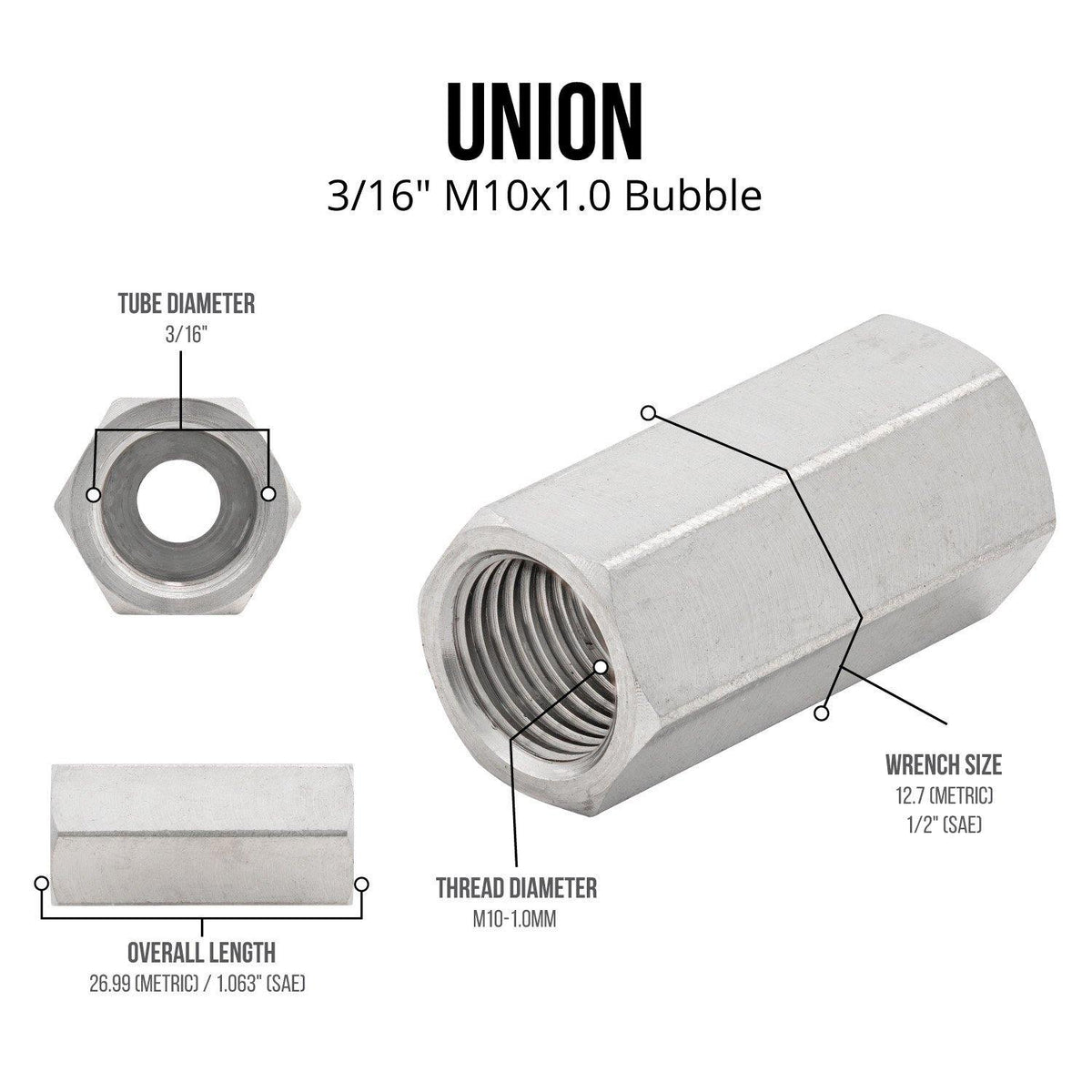 3/16 (M10x1.0 Bubble) | Brake Line Union |  Stainless Steel | 10ct - 4LifetimeLines