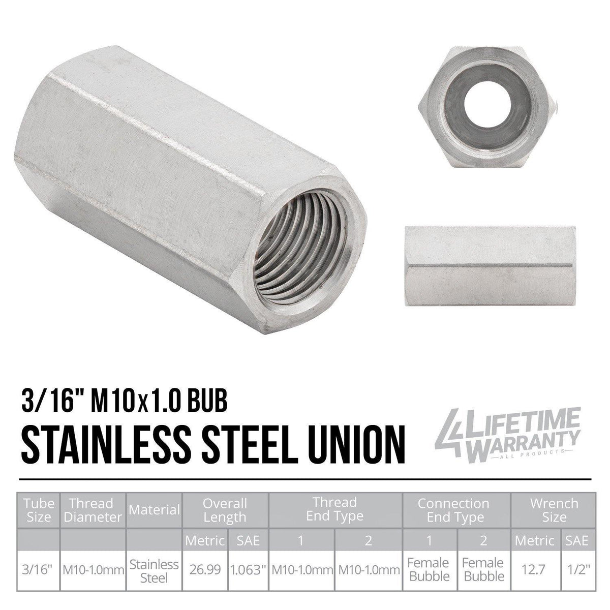 3/16 (M10x1.0 Bubble) | Brake Line Union |  Stainless Steel | 10ct - 4LifetimeLines