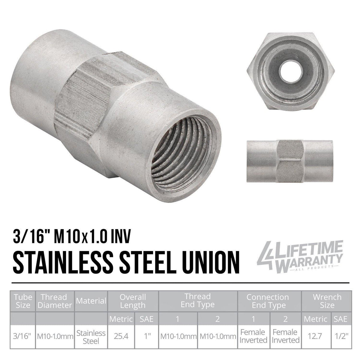 3/16" (M10x1.0 Inverted) | Stainless Steel Brake Line Union | 10ct - 4LifetimeLines
