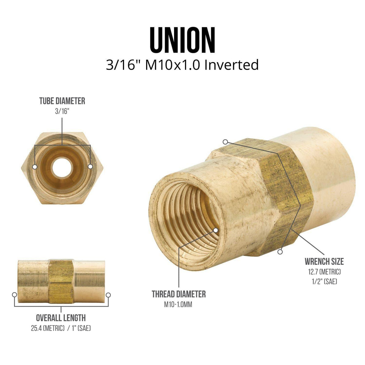 3/16" (Metric 10x1.0 Inverted) | Brass Brake Line Union | 10ct - 4LifetimeLines