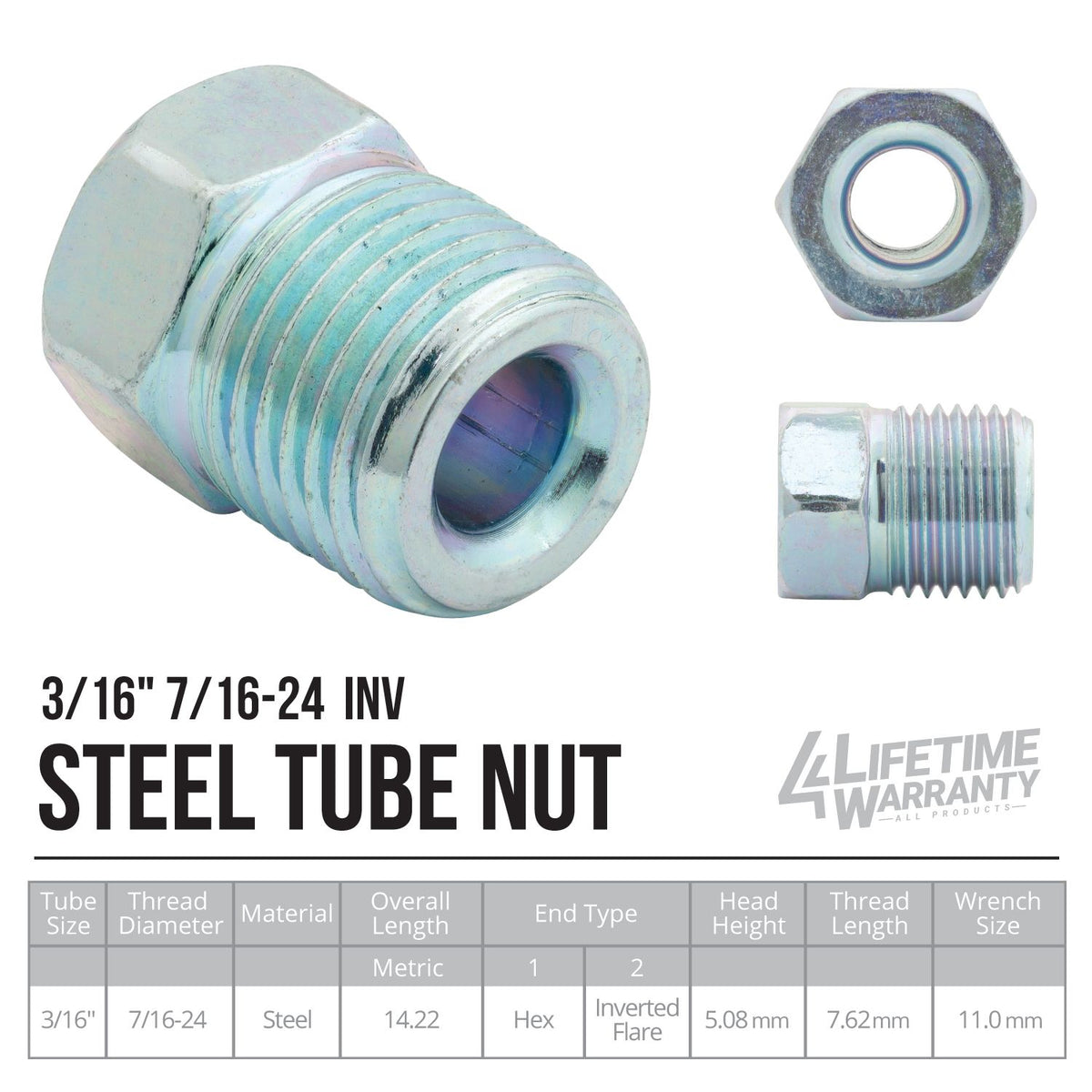 Steel Brake Line Fitting 3/16" Tube Nut 7/16"-24 - 4LifetimeLines LTN11