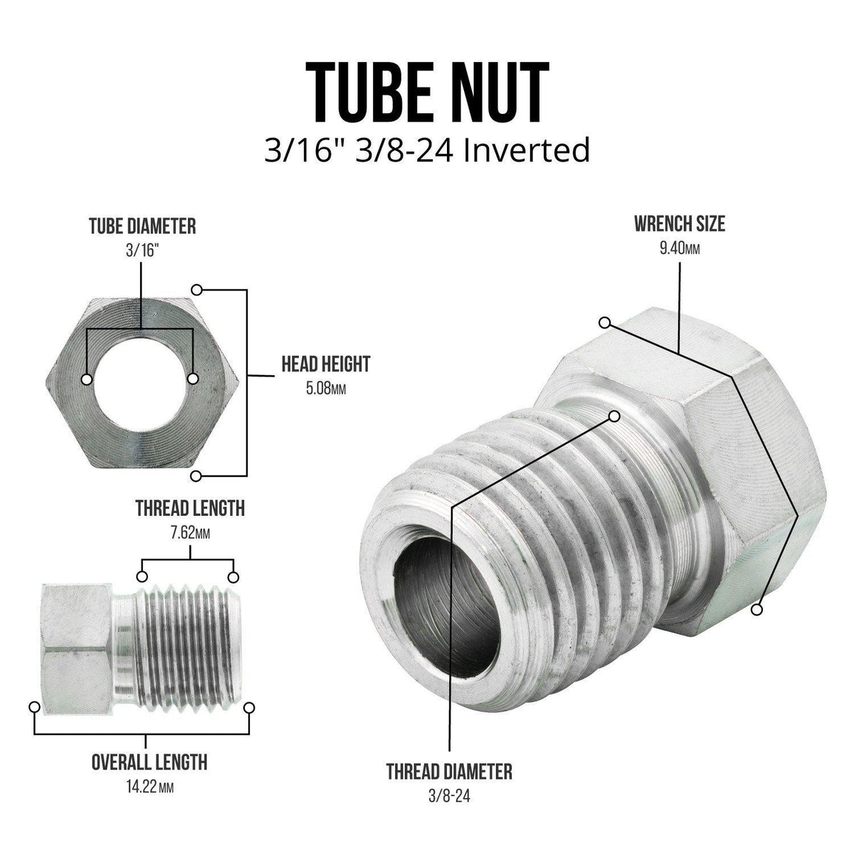 3/16" (3/8-24 Inverted) |  Tube Nut | Stainless Steel | 10ct - 4LifetimeLines