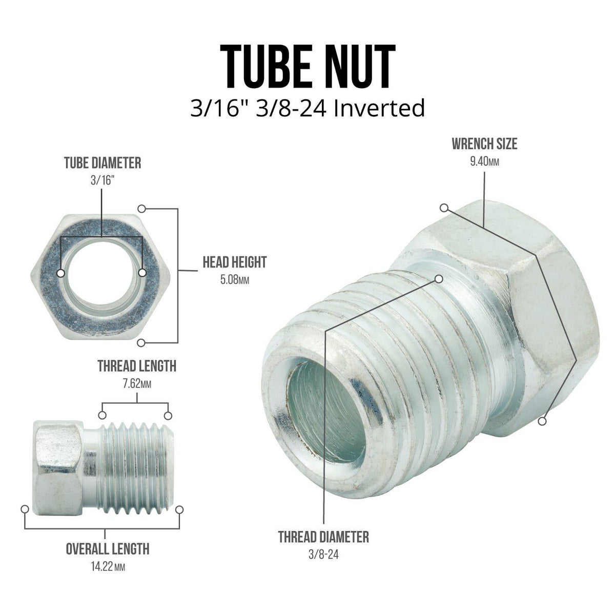 3/16" ( 3/8-24 Inverted) | Steel Tube Nut | 10ct - 4LifetimeLines