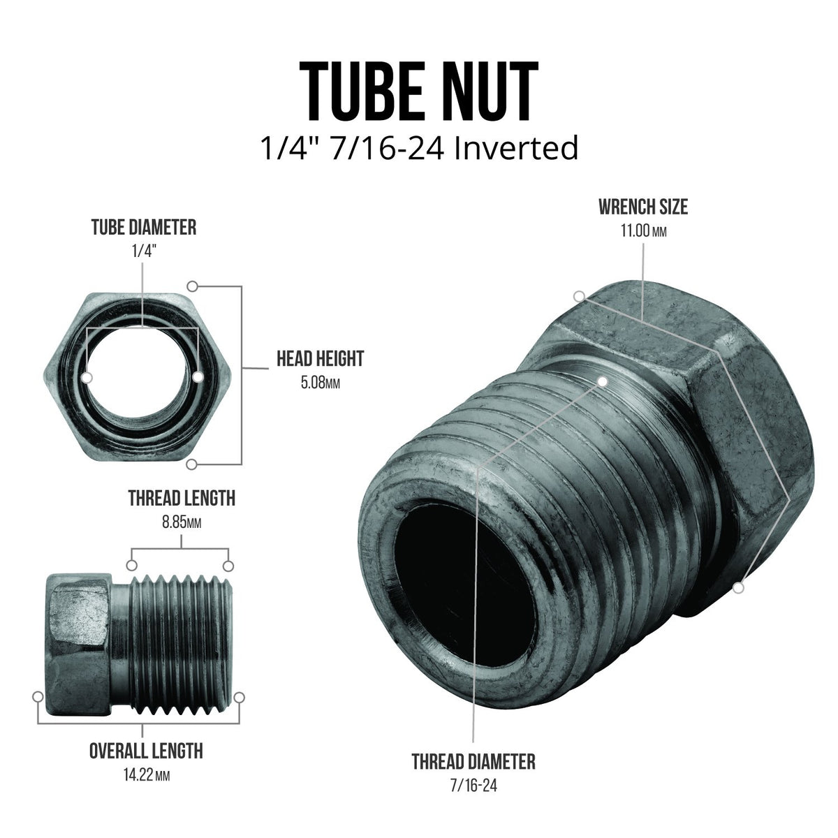 4LifetimeLines Brake Line Tube Nut - 1/4 (7/16-24 Inverted), Black Oxide Coated Steel, Bag of 10 - 4LifetimeLines