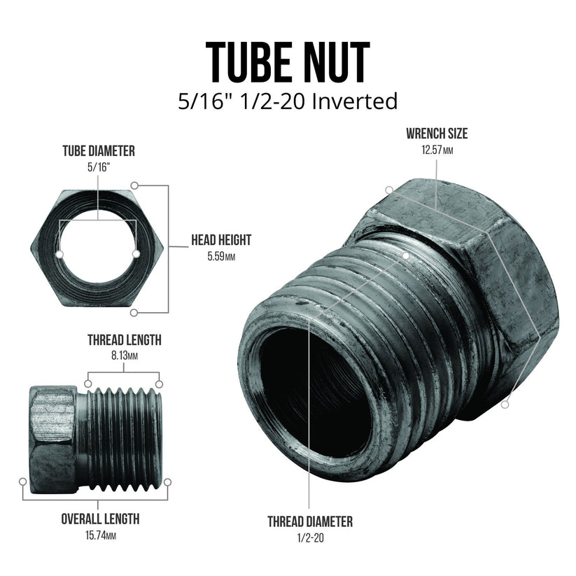 4LifetimeLines Brake Line Tube Nut - 5/16 (1/2-20 Inverted), Black Oxide Coated Steel, Bag of 10 - 4LifetimeLines