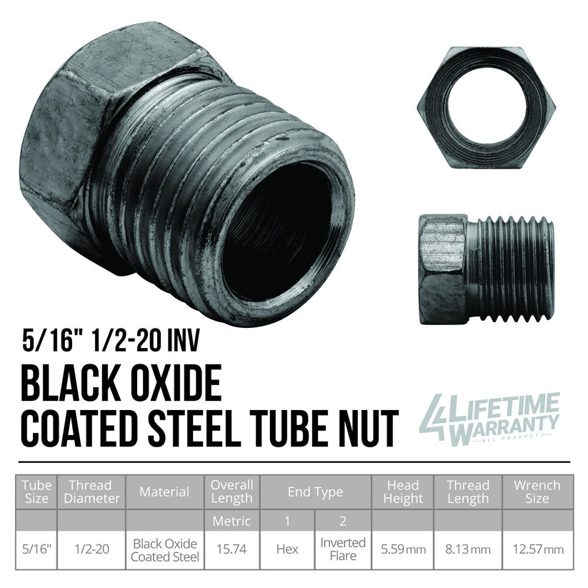 4LifetimeLines Brake Line Tube Nut - 5/16 (1/2-20 Inverted), Black Oxide Coated Steel, Bag of 10 - 4LifetimeLines