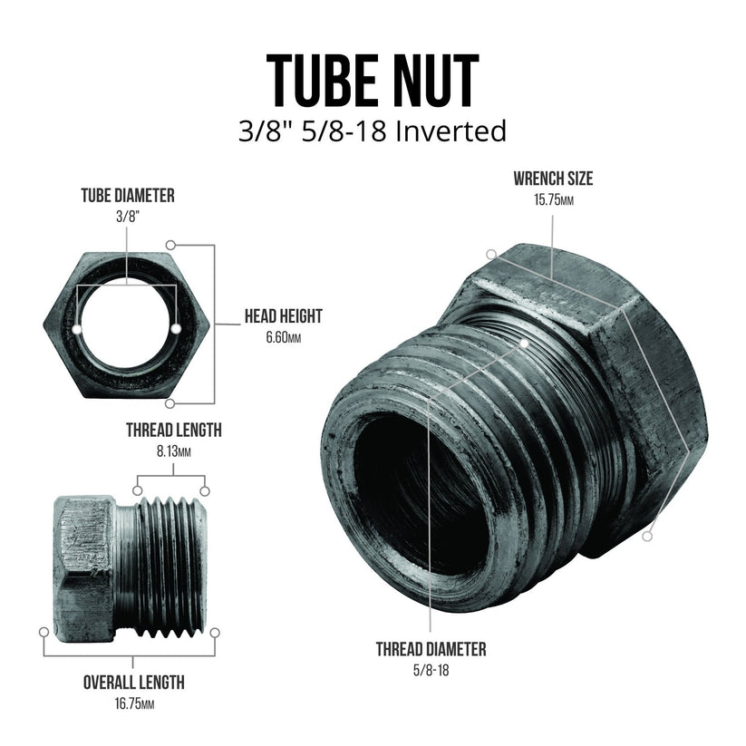 4LIFETIMELINES Brake Line Tube Nut - 3/8 (5/8-18 Inverted), Black Oxide Coated Steel, Bag of 10 - 4LifetimeLines