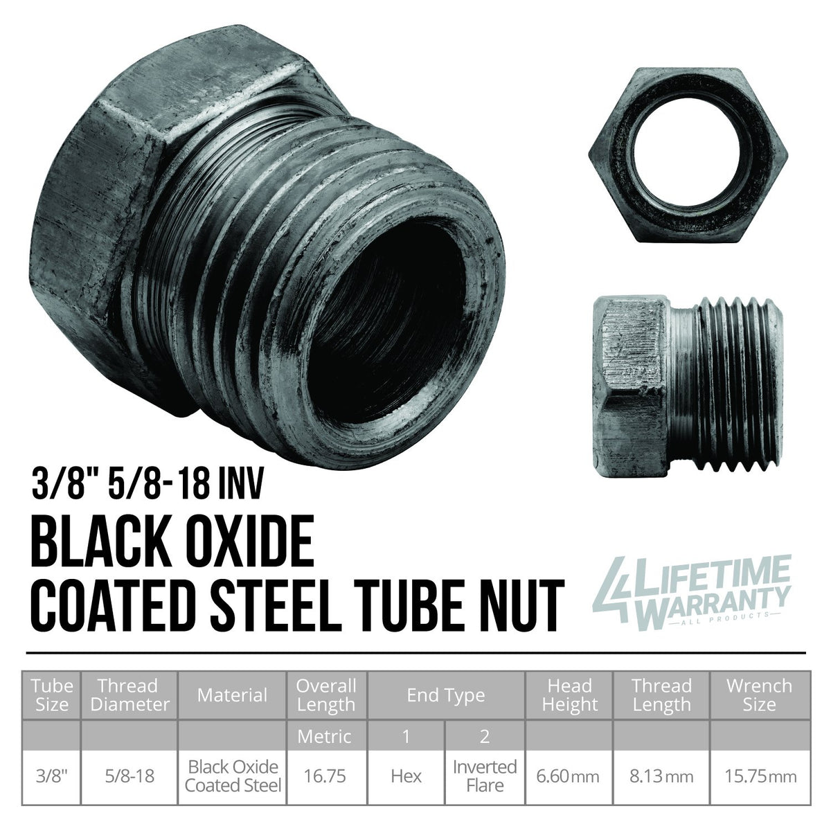4LifetimeLines Brake Line Tube Nut - 3/8 (5/8-18 Inverted), Black Oxide Coated Steel, Bag of 10 - 4LifetimeLines